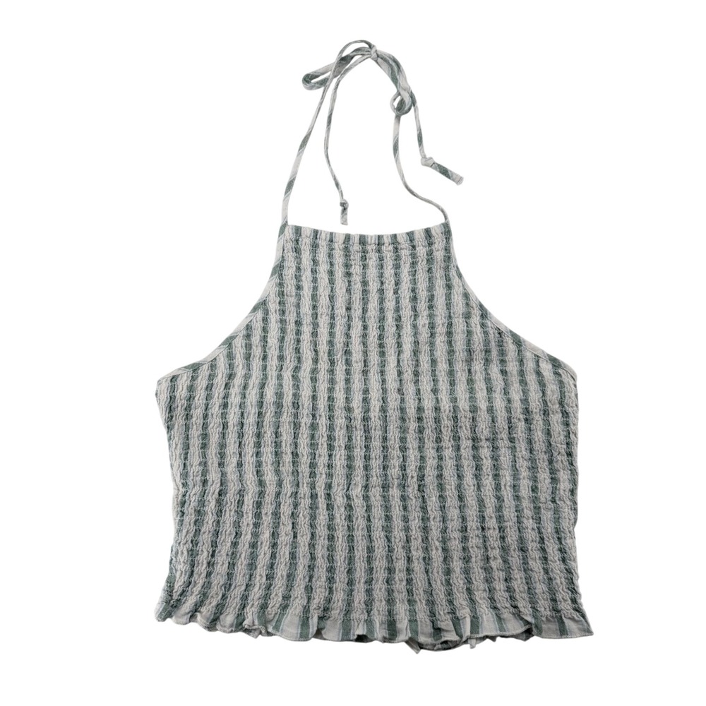 American Eagle Striped Smocked Halter Top Womens Medium Green White Linen Blend